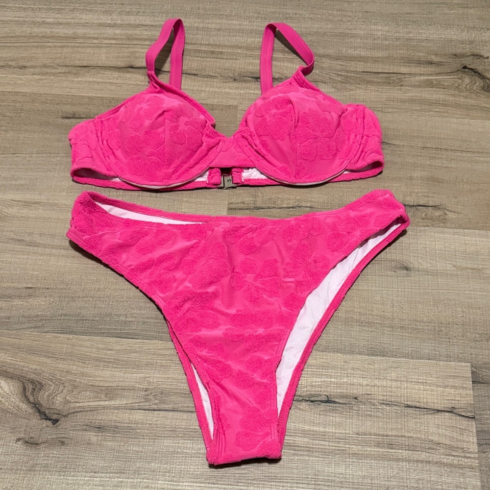 NWOT SHEIN Pink Terry Cloth Floral Bikini Bathing Suit